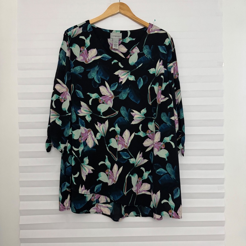 Catherines Womens 1X 18/20W Black Floral V-Neck Blouse Tie Sleeve Tulip Hem Top